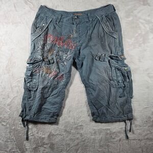 Fashion Cargo Shorts Mens 38 Blue Gray Rhinestone Y2K Streetwear Baggy Bedazzled